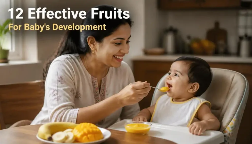 Guide on what to give as baby grow featuring safe fruits for baby development