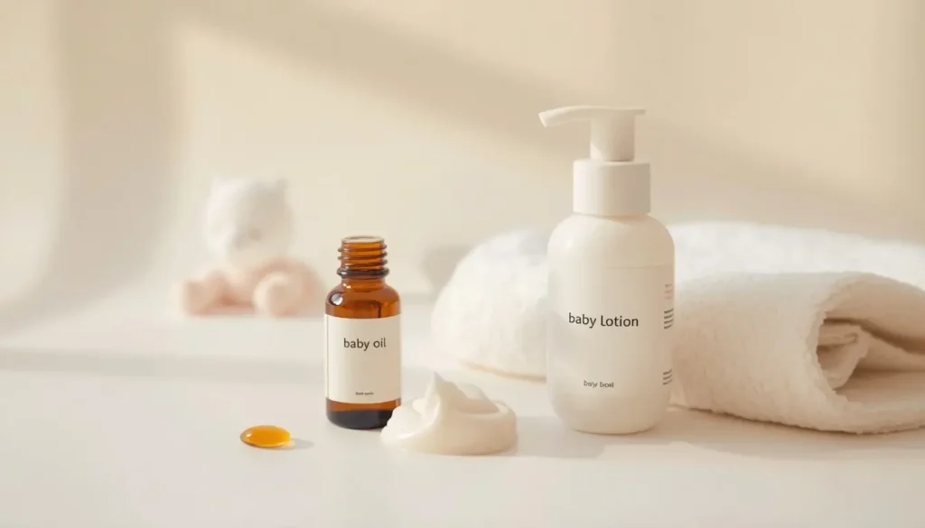 Baby oil and baby lotion bottles placed side by side, comparing the two baby skincare products