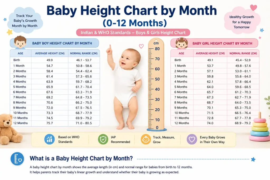 Mother measuring her child's length for the baby height chart by month
with WHO stendrd 