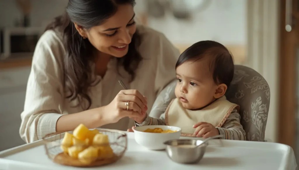 Indian mother feeding 7 month old baby khichdi in a high chair at home
