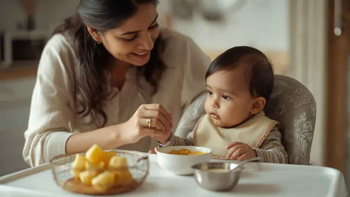 Indian mother feeding 7 month old baby khichdi in a high chair at home