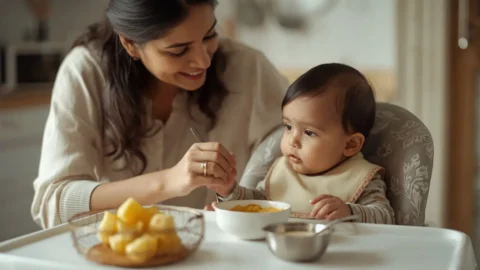 Indian mother feeding 7 month old baby khichdi in a high chair at home