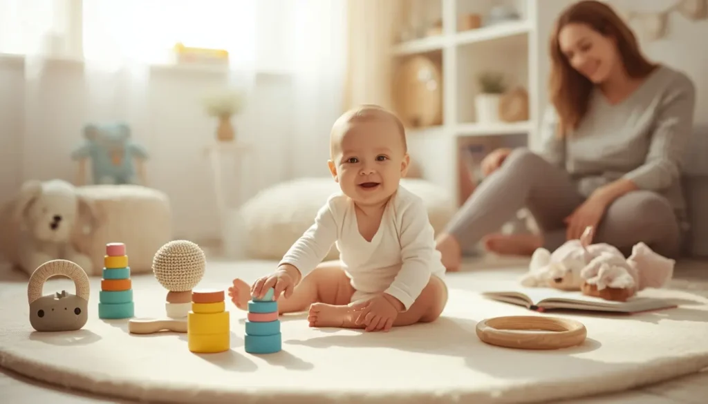 Best toys for 6 month old babies including sensory toys, rattles, teething rings, stacking cups, and board books during interactive play.
