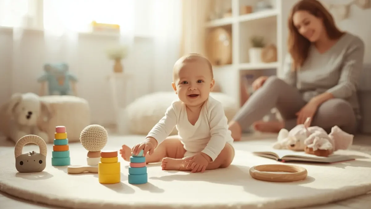Best toys for 6 month old babies including sensory toys, rattles, teething rings, stacking cups, and board books during interactive play.