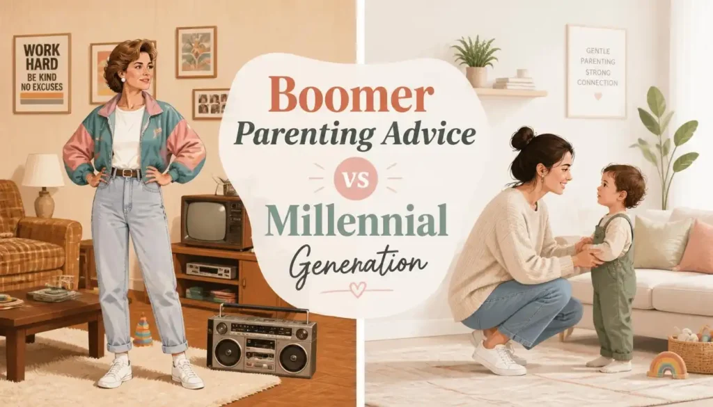 A visual comparison of Boomer Parenting Advice vs Millennial Generation showing traditional strict parenting versus modern gentle parenting.
