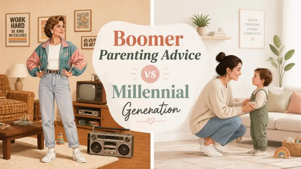 A visual comparison of Boomer Parenting Advice vs Millennial Generation showing traditional strict parenting versus modern gentle parenting.