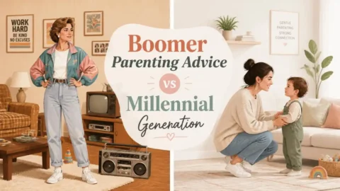 A visual comparison of Boomer Parenting Advice vs Millennial Generation showing traditional strict parenting versus modern gentle parenting.