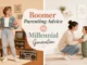 A visual comparison of Boomer Parenting Advice vs Millennial Generation showing traditional strict parenting versus modern gentle parenting.