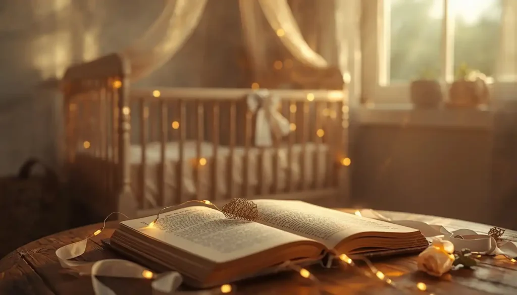 An aesthetic vintage book and baby nursery decor representing beautiful vintage whimsical girl names with meaning.