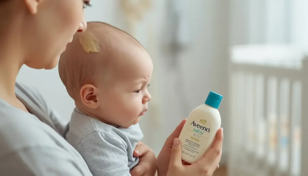 Parent applying lotion to baby with seborrheic dermatitis cradle cap on scalp