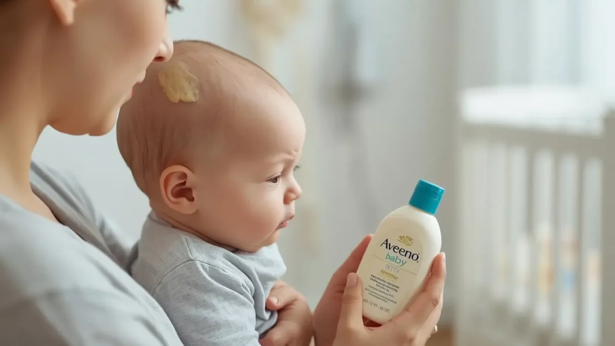 Parent applying lotion to baby with seborrheic dermatitis cradle cap on scalp