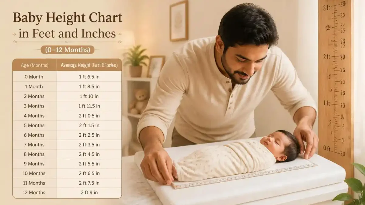 Indian father measuring newborn baby length at home using a measuring tape with a feet and inches ruler on the wall
