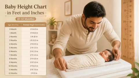Indian father measuring newborn baby length at home using a measuring tape with a feet and inches ruler on the wall