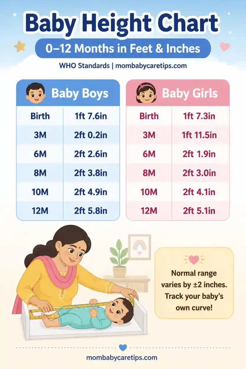 Baby height chart in feet and inches from birth to 12 months for Indian boys and girls based on WHO standards