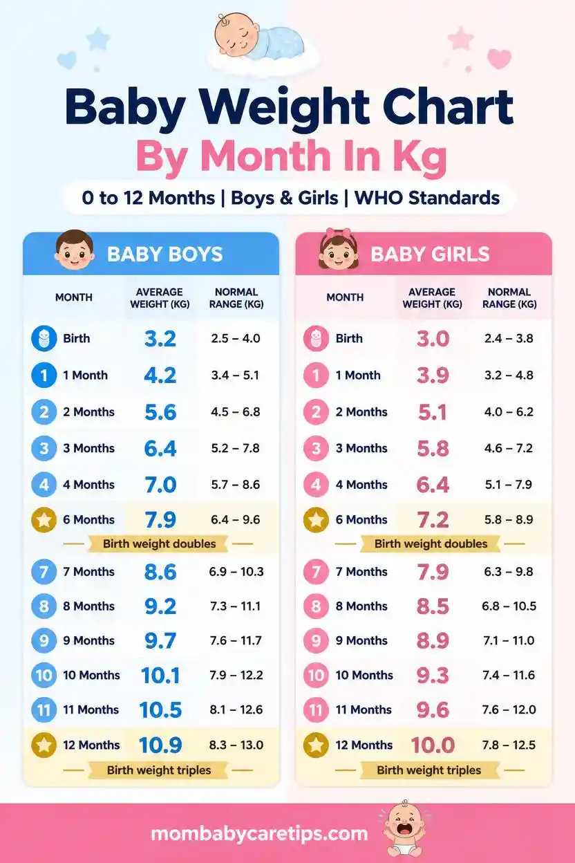 Baby weight chart by month in kg — 0 to 12 months infographic for boys and girls based on WHO standards