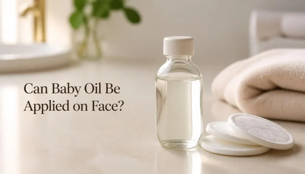 Bottle of baby oil on a bathroom counter used for facial skincare