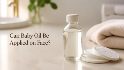 Bottle of baby oil on a bathroom counter used for facial skincare