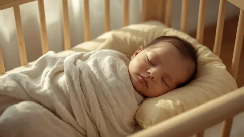 Safe sleep environment for a newborn showing an empty crib without a mustard seed pillow