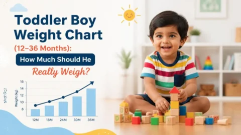 Healthy Indian toddler boy playing actively, representing 12 to 36 months toddler growth chart.