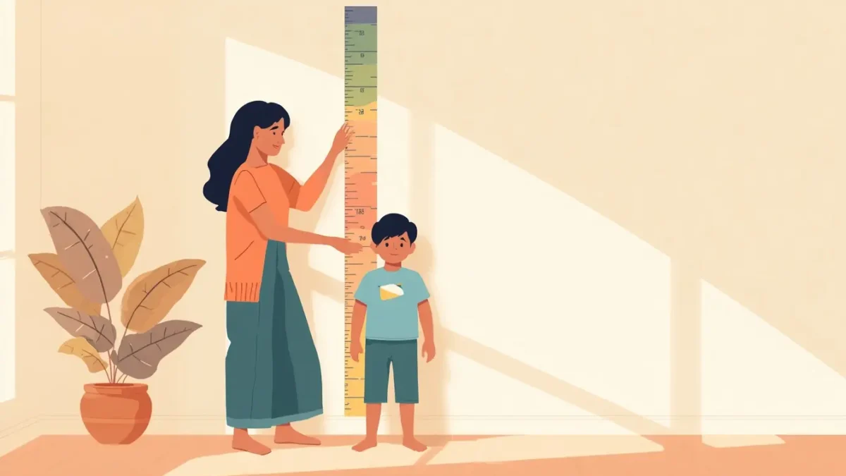 Indian mother measuring her toddler's height at home using a wall growth chart ruler