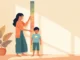 Indian mother measuring her toddler's height at home using a wall growth chart ruler
