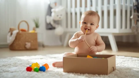 6-month-old baby playing with a cardboard box and ignoring plastic toys on a rug, showing what to do if baby not interested in toys