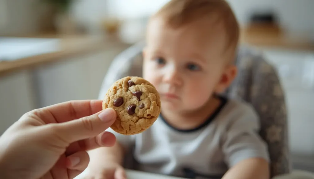 Toddler looking at chocolate chip cookie and receiving a healthy banana oat cookie alternative