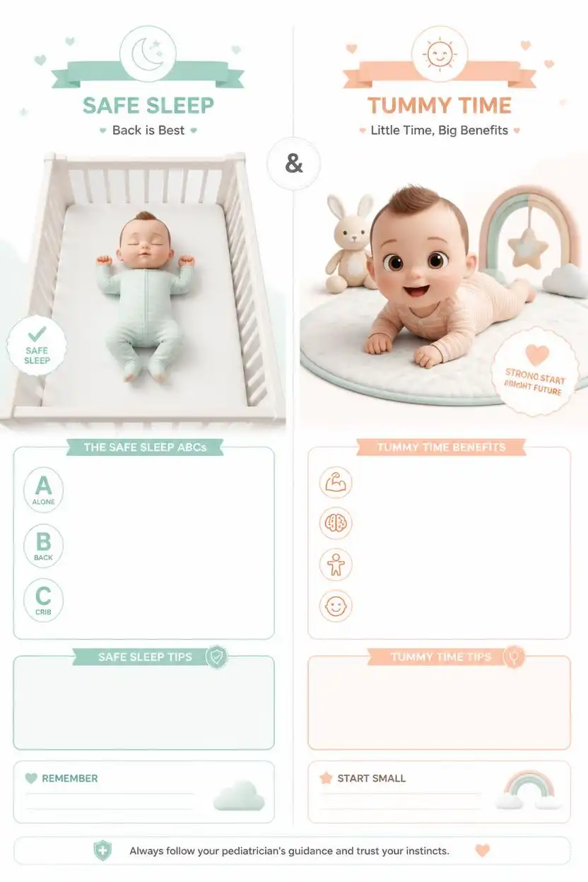 Safe Sleep Guidelines vs Tummy Time Infographic illustrating safe back-sleeping vs supervised tummy time for flat head prevention