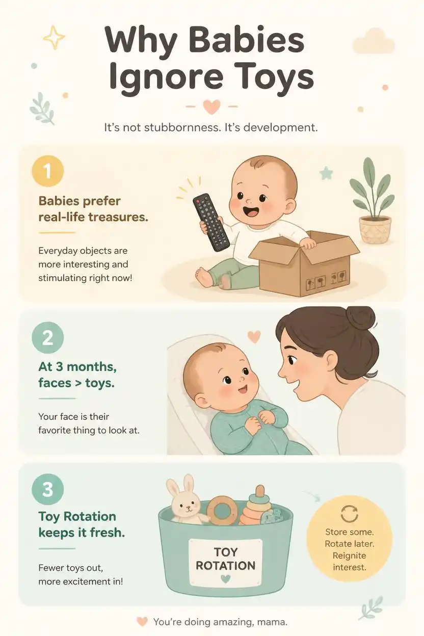 Infographic showing why babies ignore toys and prefer household items, with toy rotation tips