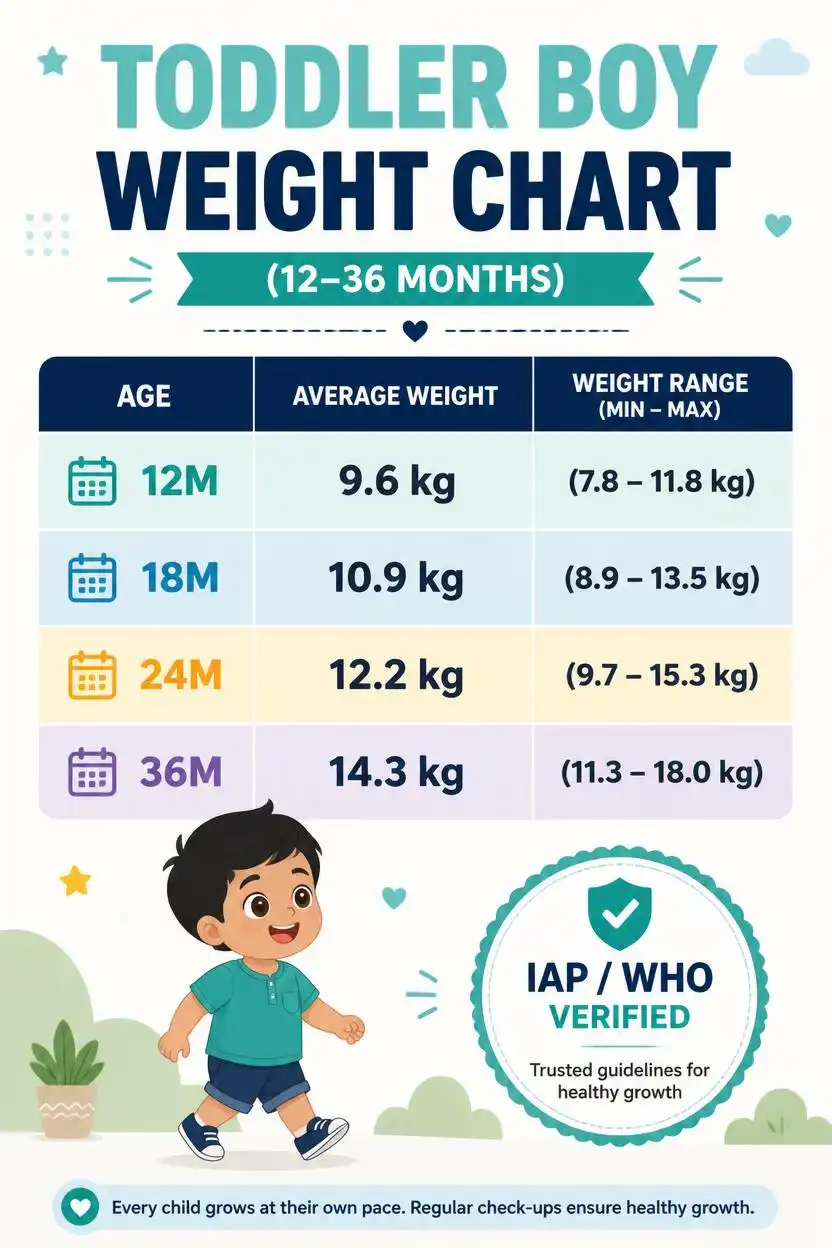 Toddler boy weight chart in kg from 12 to 36 months based on WHO standards