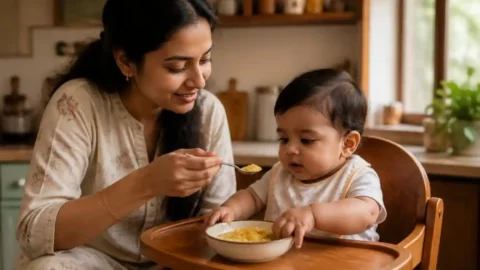 Indian mother feeding 10-month-old baby dal khichdi with ghee for healthy weight gain